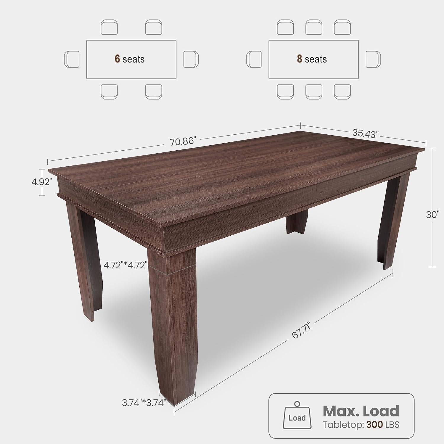 Farmhouse Dining Table for 6-8 People, 71 in Long Kitchen Tables with Wooden Sturdy Frame, 6 ft Large Rectangular Dinner Table for Dining Room, Kitchen (Brown, 71" Non-extendable)